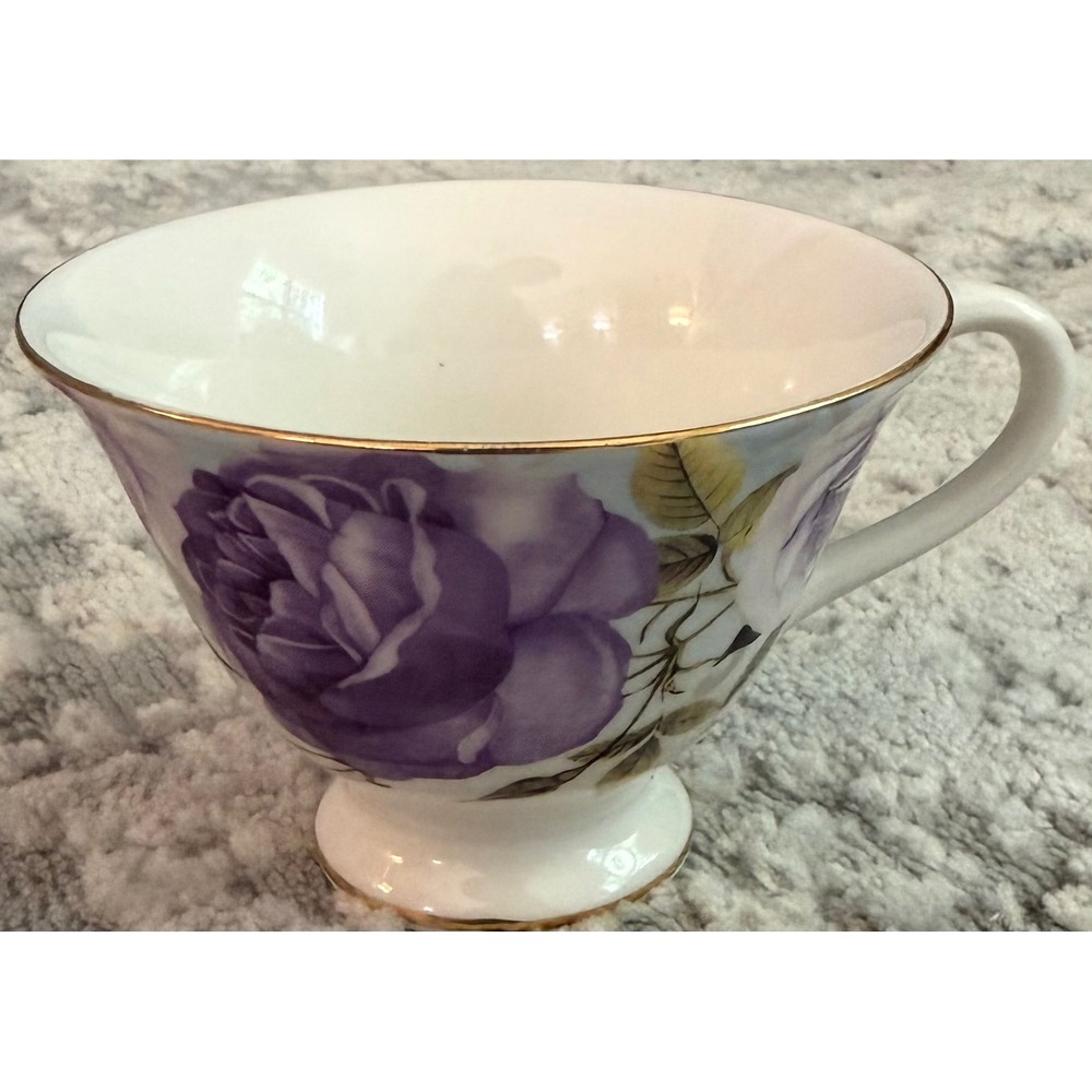 Purple Rose Fine Bone China Teacup Gold Trim Floral Tea Cup Lavender Footed